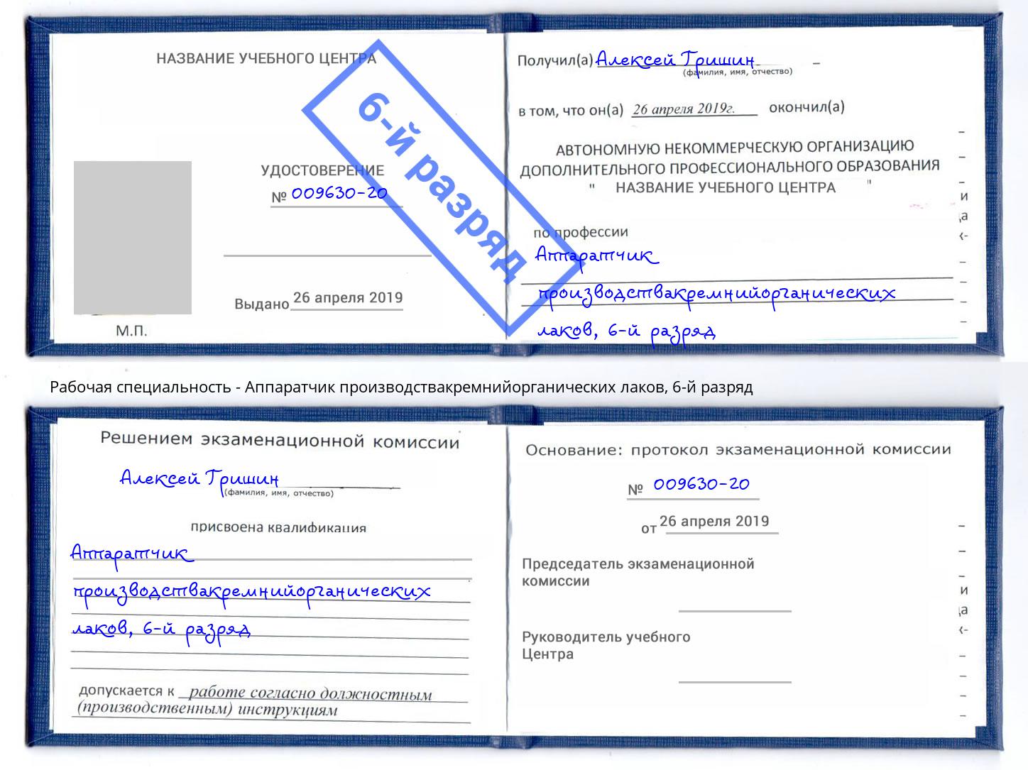 корочка 6-й разряд Аппаратчик производствакремнийорганических лаков Кропоткин