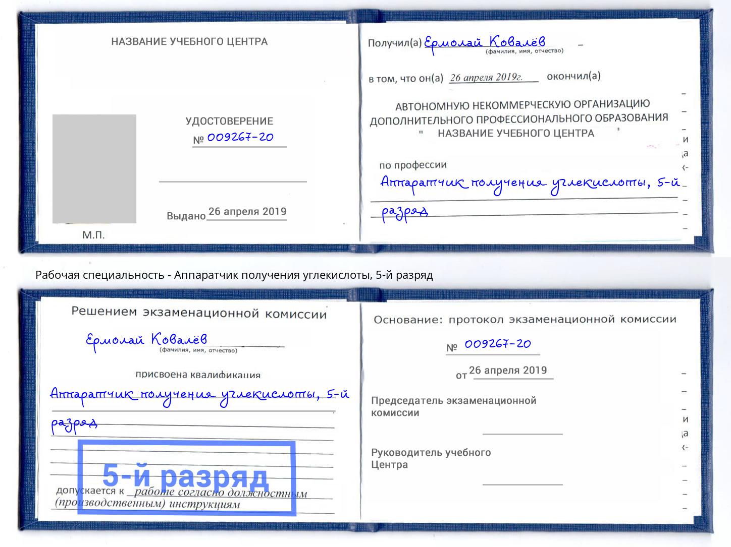 корочка 5-й разряд Аппаратчик получения углекислоты Кропоткин